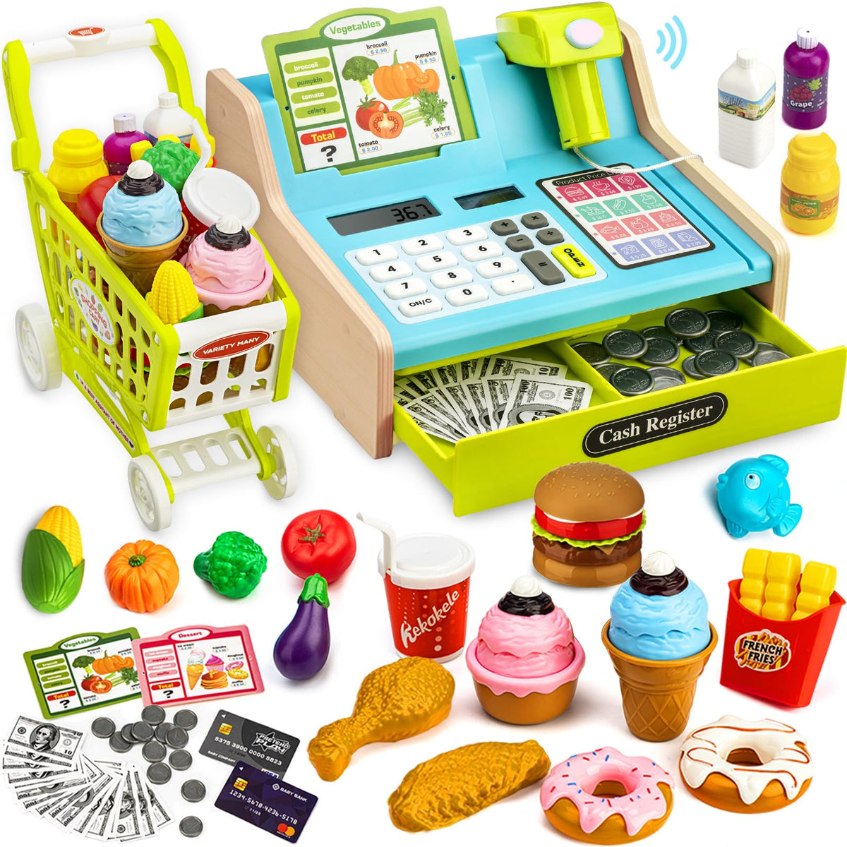 VROGTIK wooden cash register with scan-light panel for immersive pretend shopping.