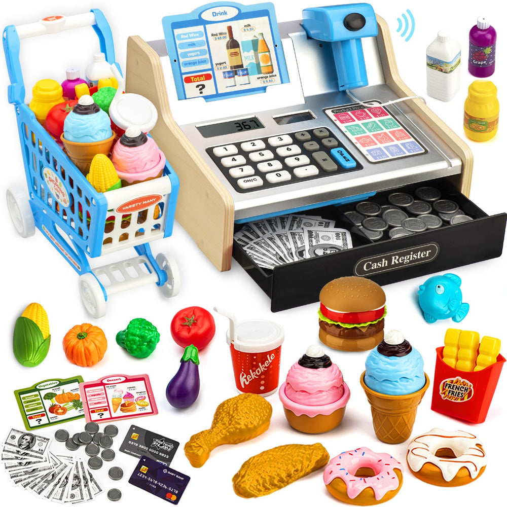 VROGTIK wooden cash register with shopping cart promotes imaginative play and early math skills
