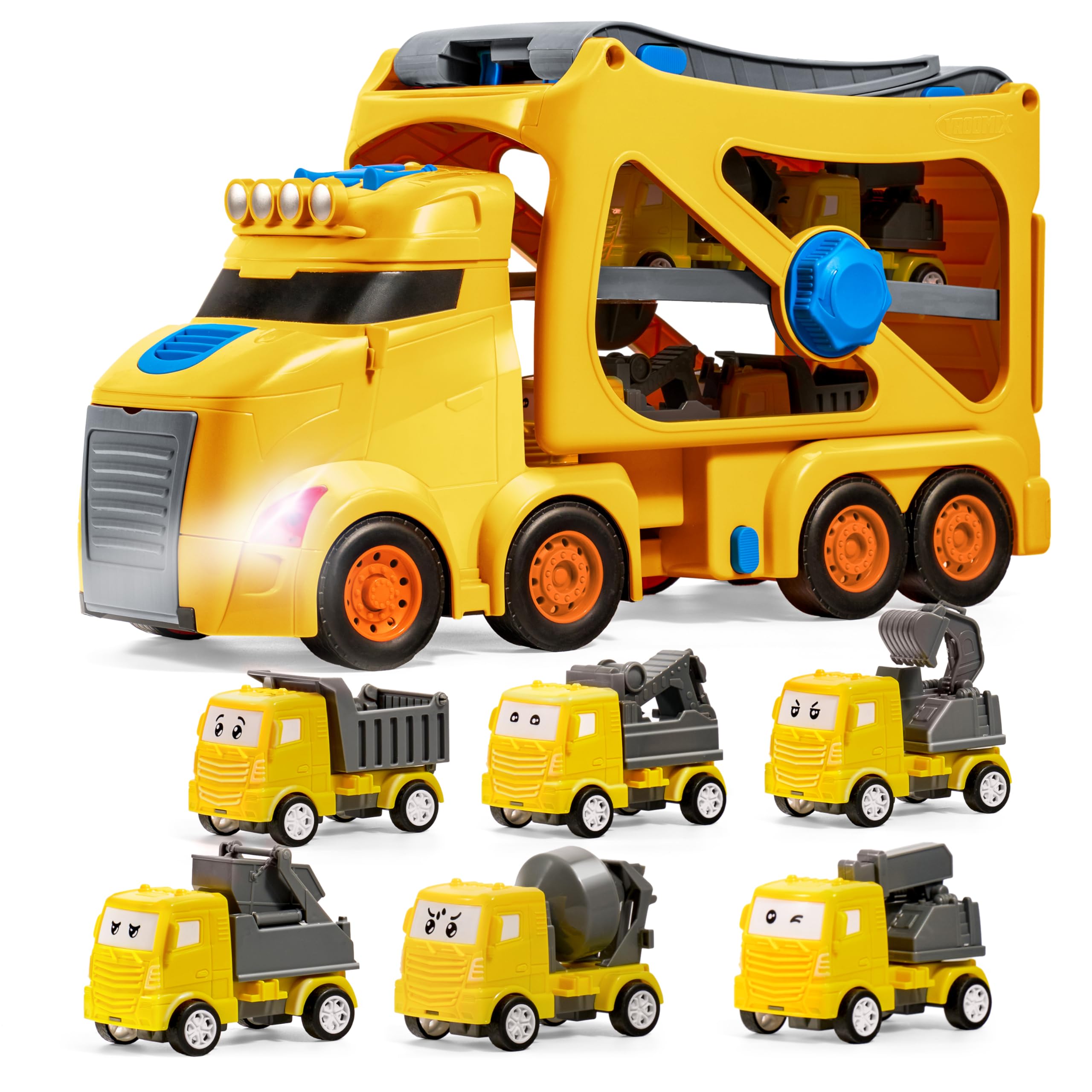 Vroomix carrier-truck gift-ready toy set for budding builders and caregivers.