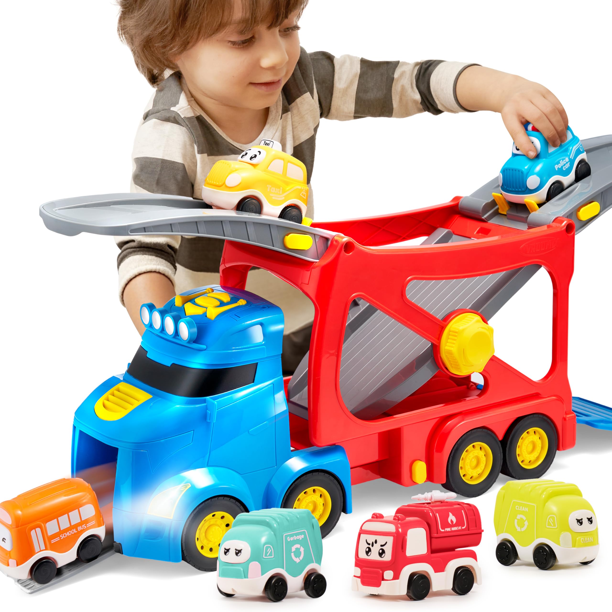 Vroomix extra large carrier truck in 26-inch mode for spacious pretend play and storage.