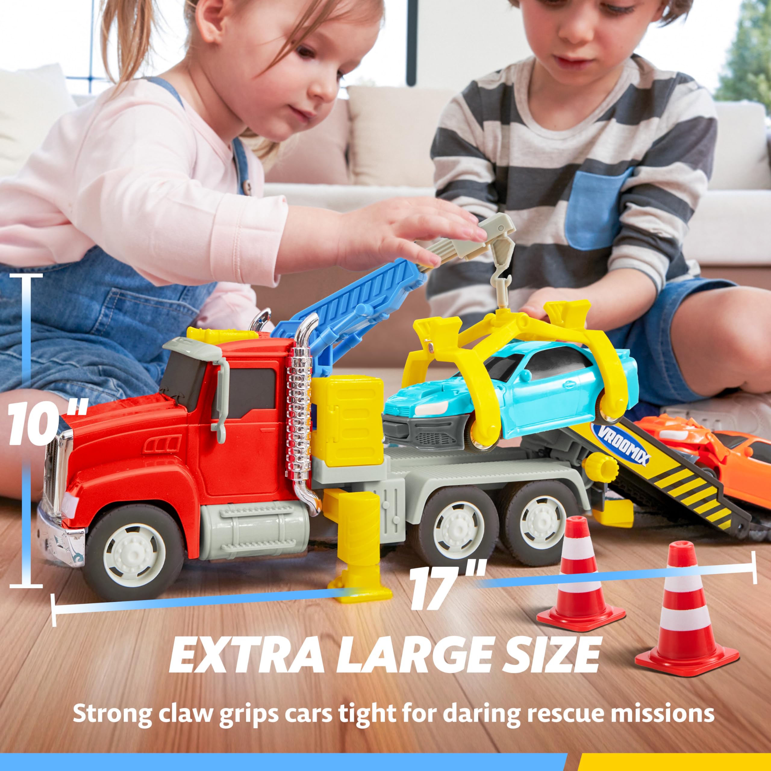 Vroomix JOVA tow truck extend claw ready for imaginative loading and hauling.