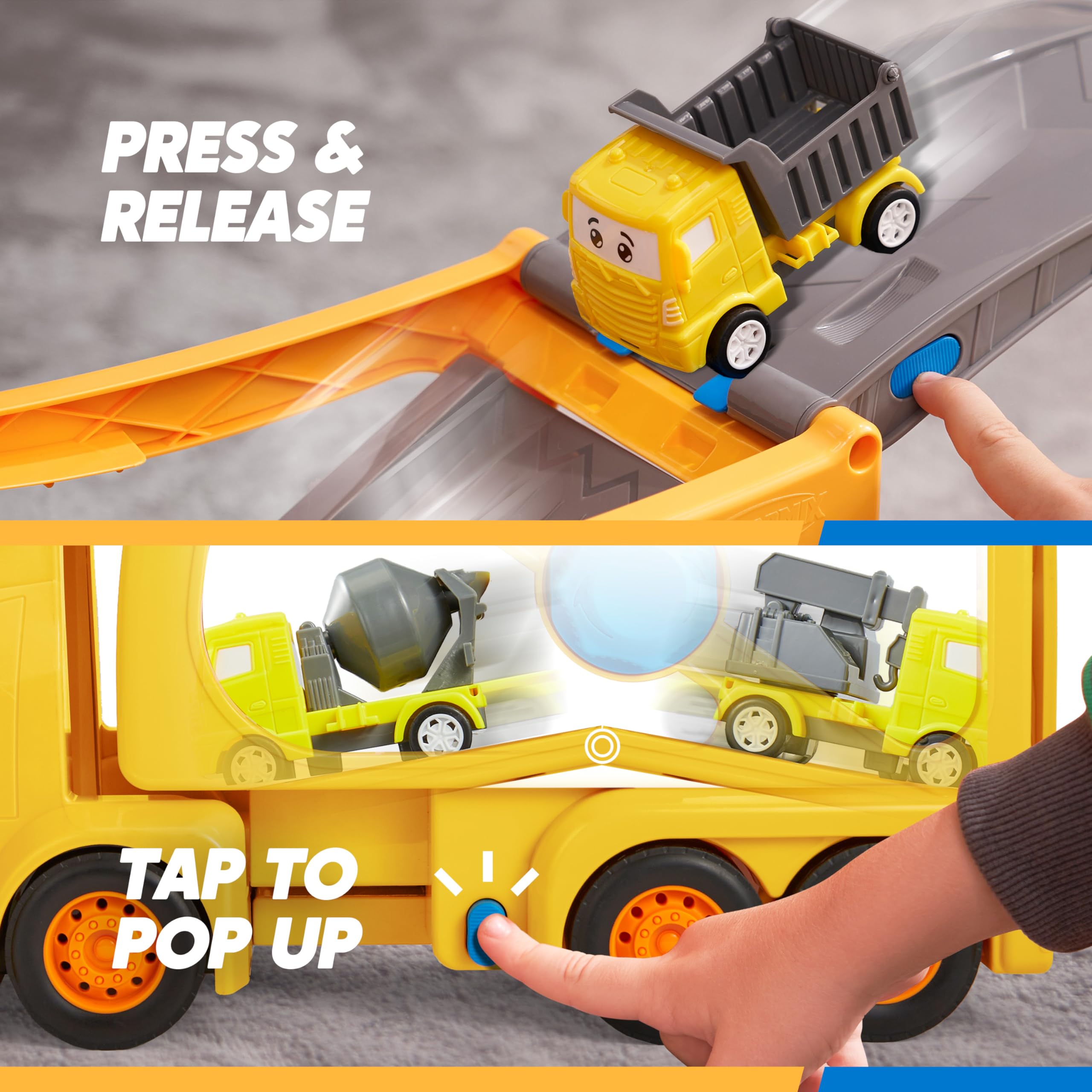 Vroomix truck with lights and sounds enhances sensory-rich play sessions.