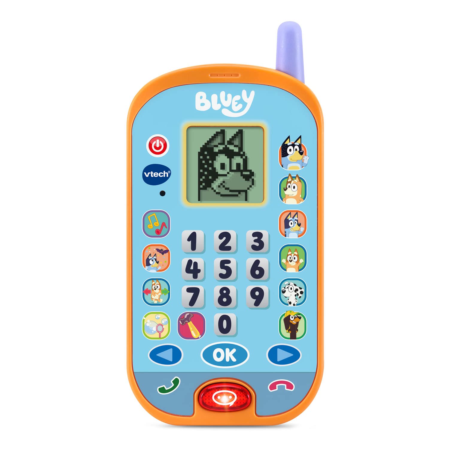 VTech Bluey Ring Ring Phone front view with colorful buttons for pretend play
