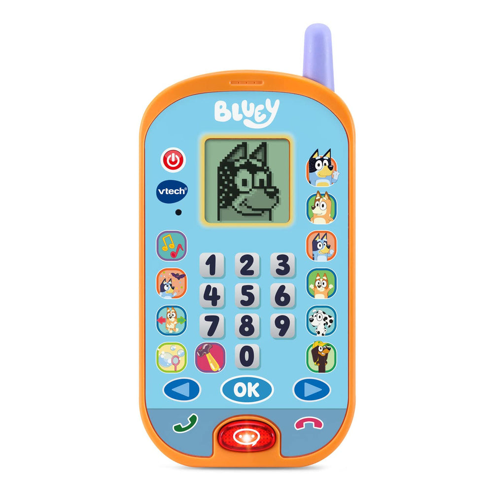 VTech Bluey Ring Ring Phone front view with colorful buttons for pretend play