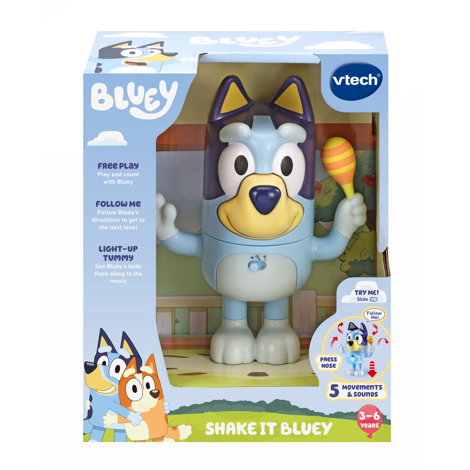 VTech Bluey Shake It Bluey body-parts action builds rhythm through guided movements.