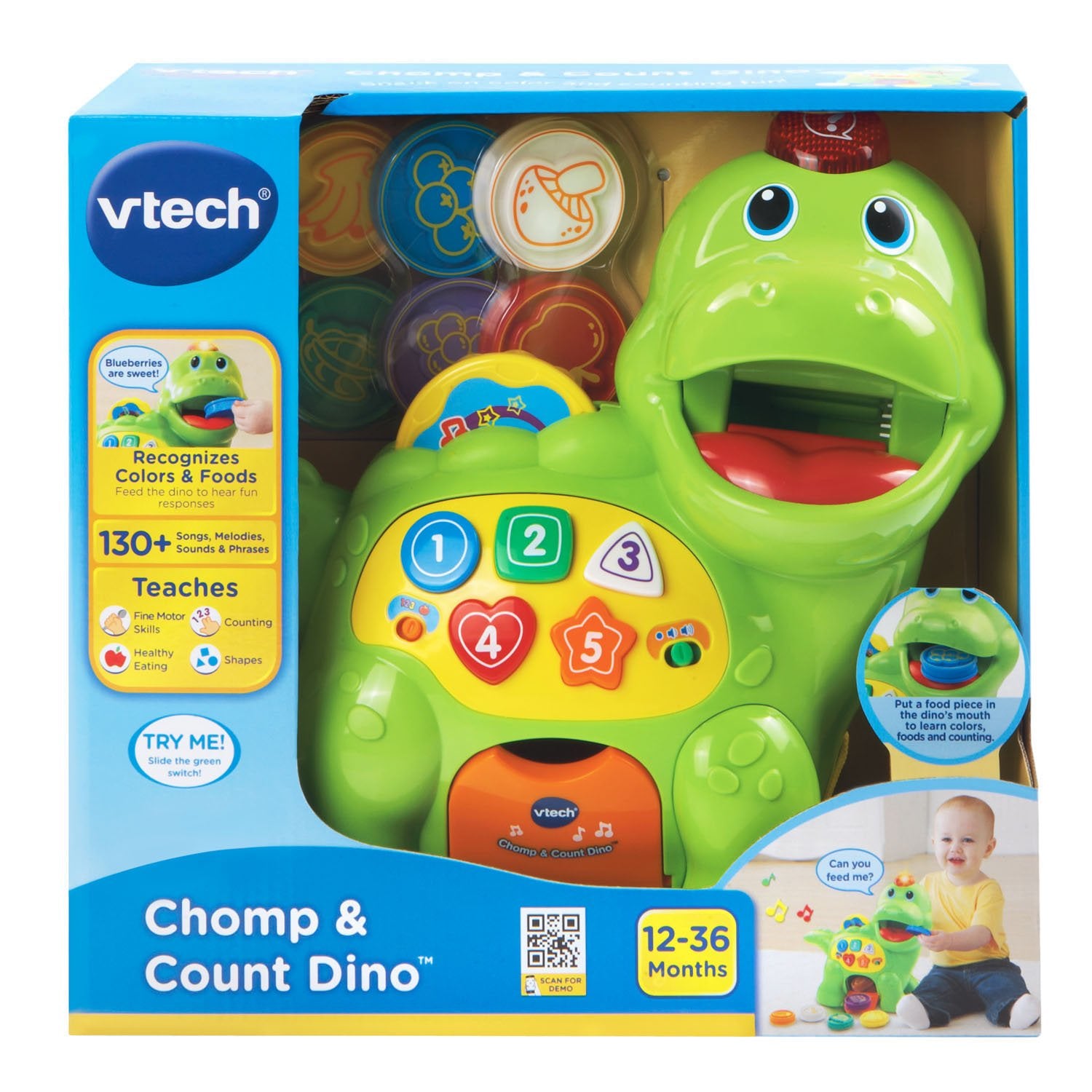 VTech Chomp and Count Dino includes demo batteries for immediate exploration