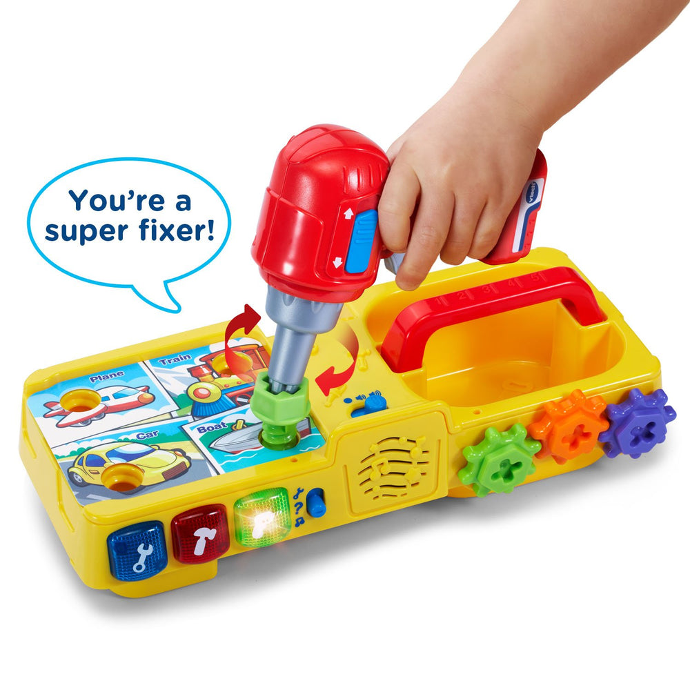 VTech Drill and Learn Toolbox open box showing all included parts