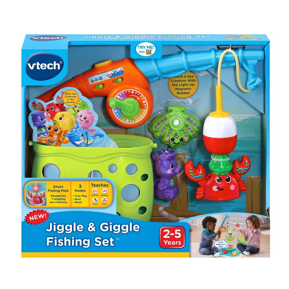 VTech Jiggle and Giggle Fishing Set includes a pond playmat that stores inside.