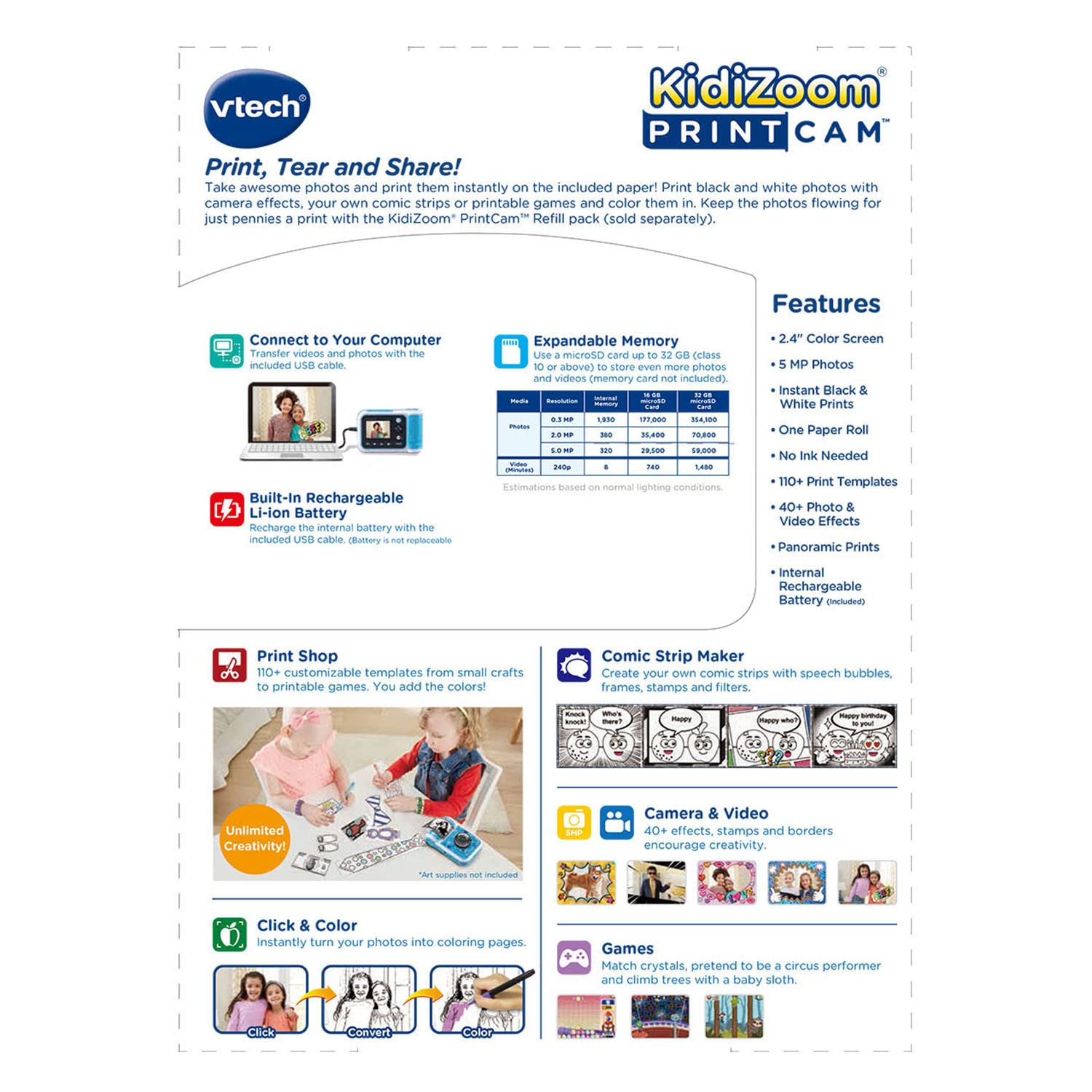 VTech PrintCam microSD slot supports up to 32GB