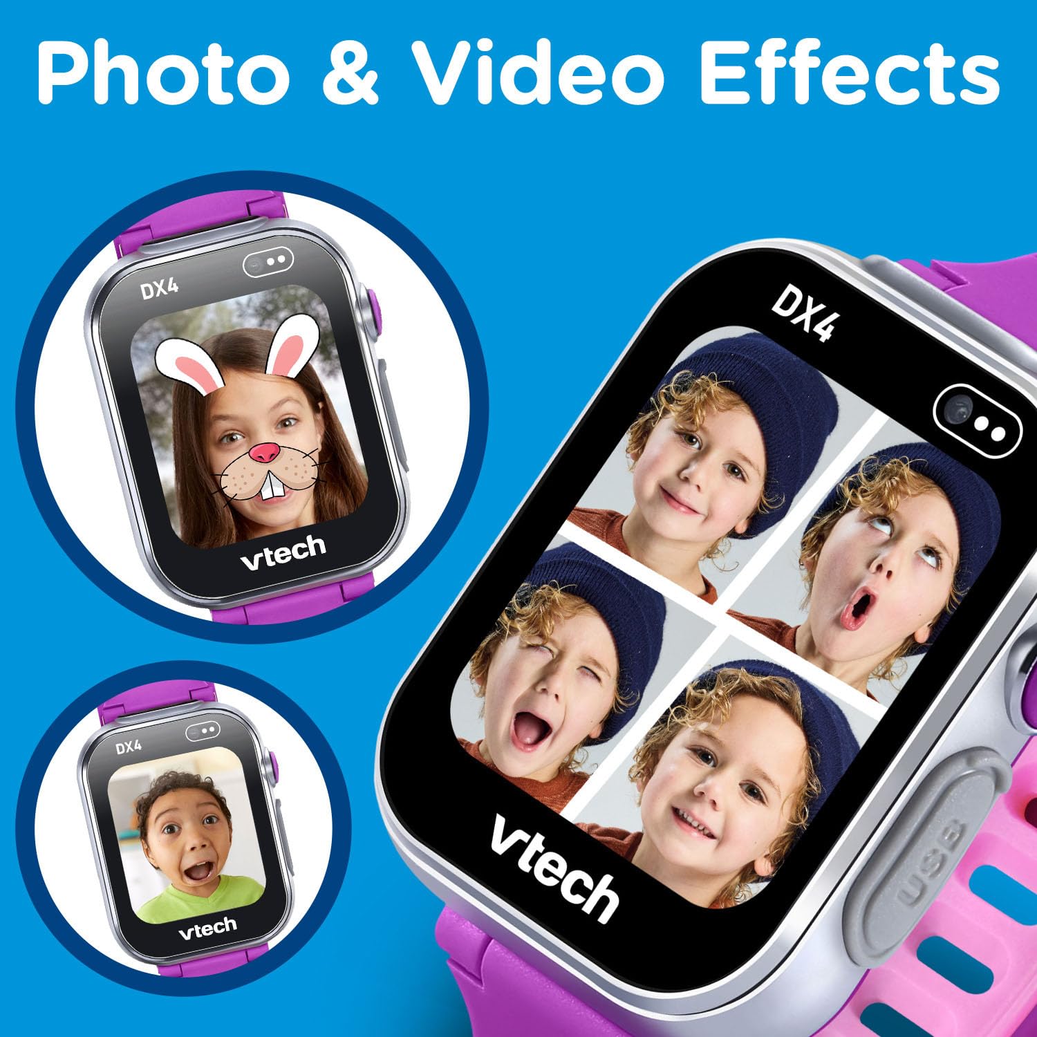 VTech KidiZoom DX4 purple dual cameras, capturing photos with fun effects for creativity on the go.