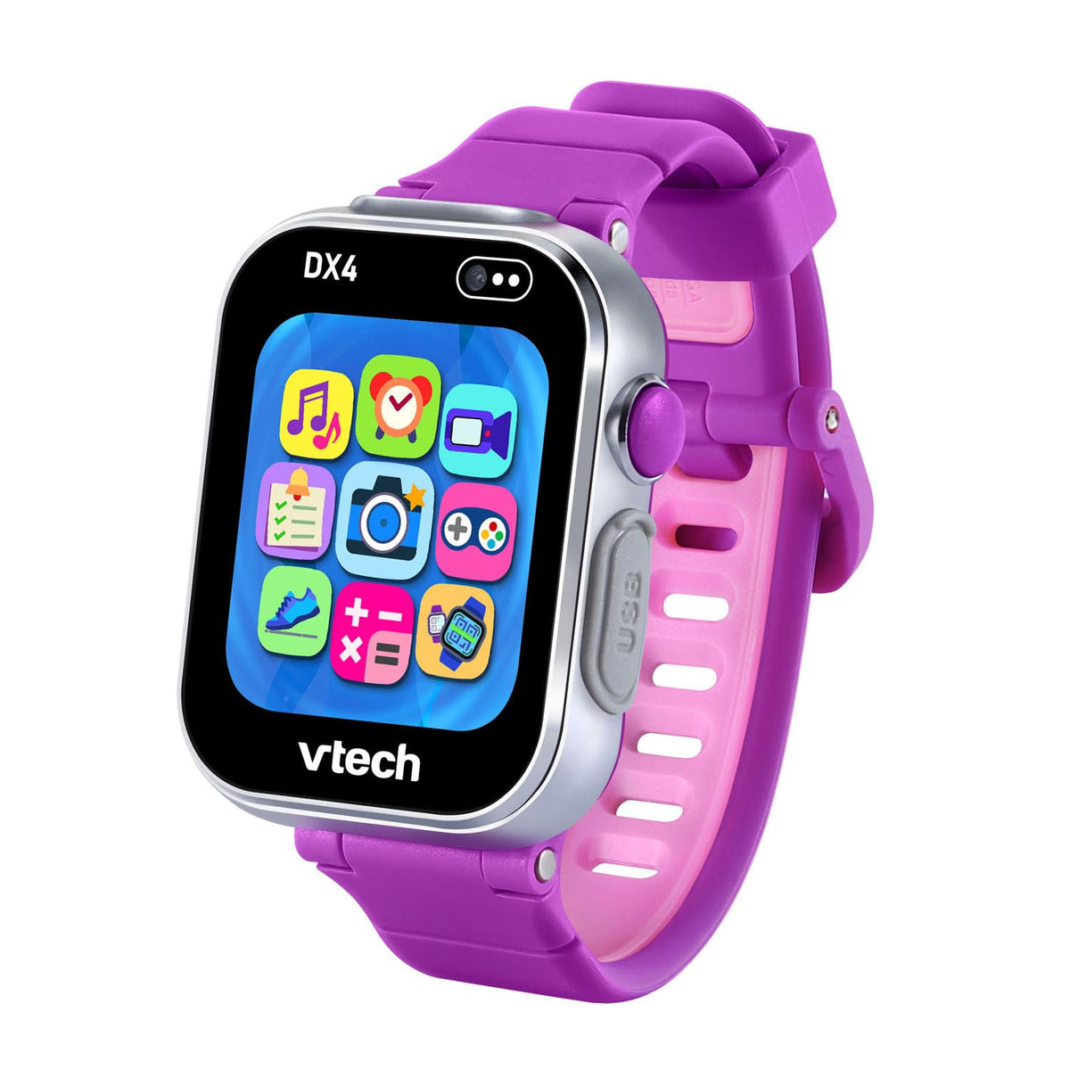 VTech KidiZoom DX4 purple front view, ideal for everyday wear and quick access to kid-friendly features.