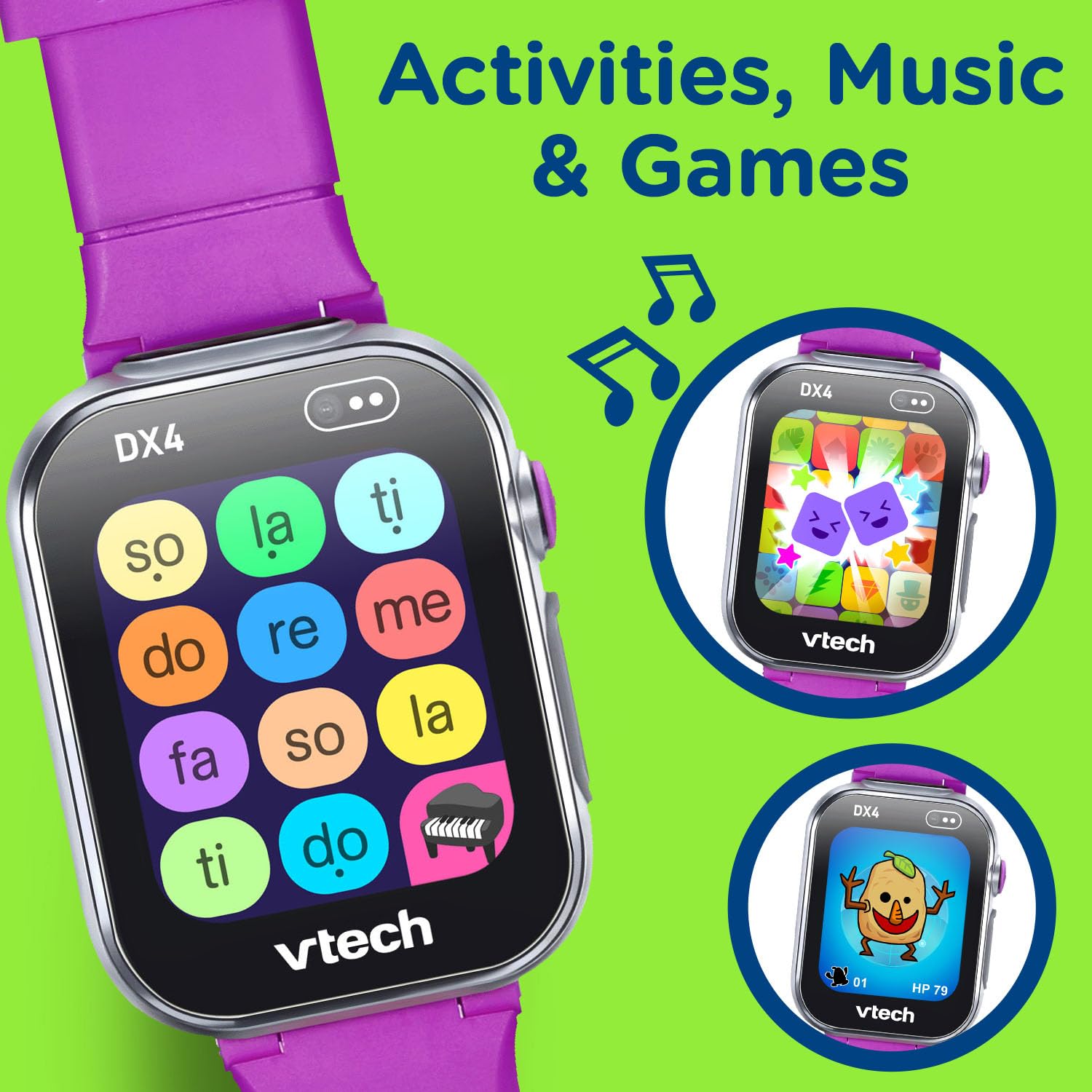 VTech KidiZoom DX4 purple metal body, splash-proof design blends durability with lightweight comfort.
