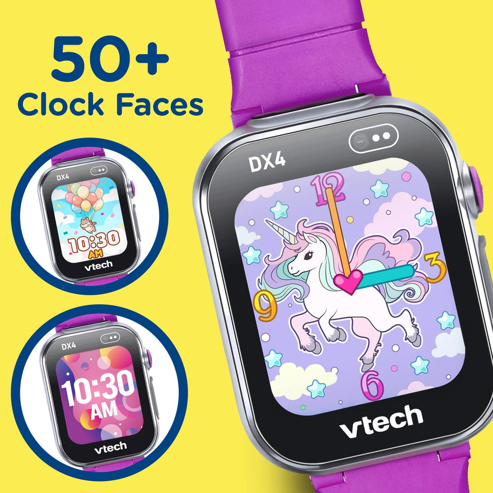 VTech KidiZoom DX4 purple screen detail, a high-resolution display enhances photo viewing and apps.