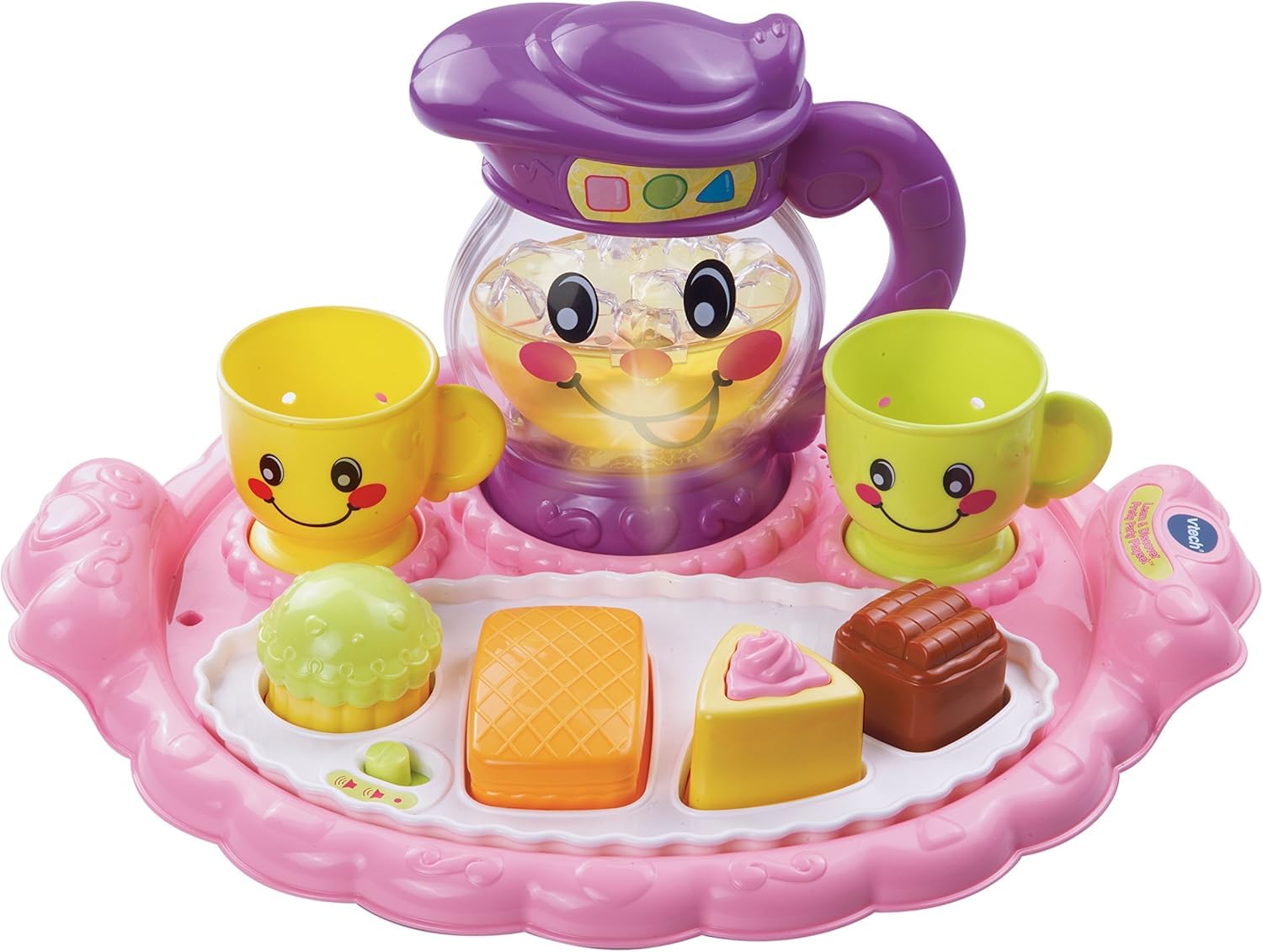 VTech Learn & Discover Pretty Party Playset pitcher lights up while kids pour pretend lemonade for imaginative play.
