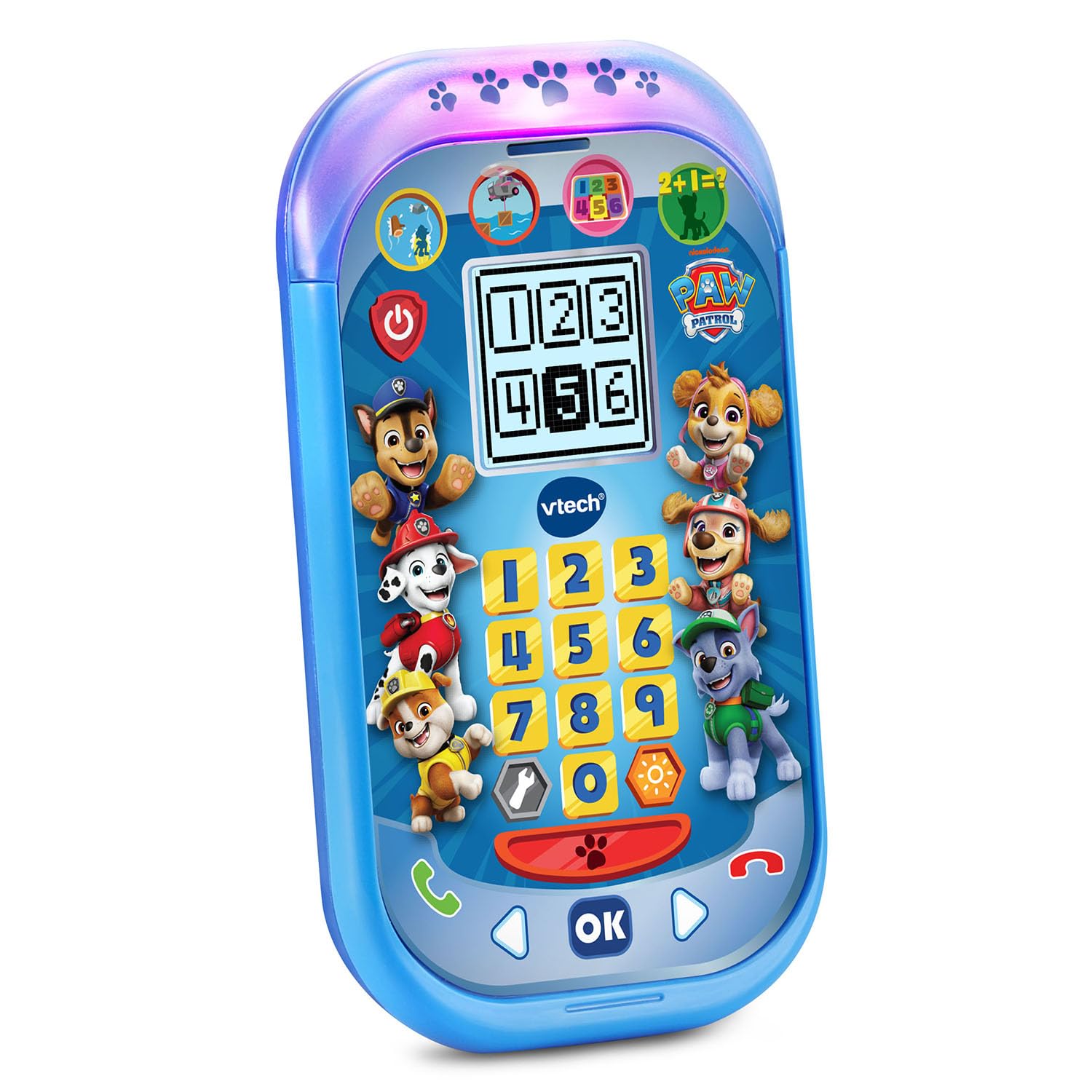 VTech PAW Patrol Rescue Mission Learning Phone screen graphics—engages with interactive activities.