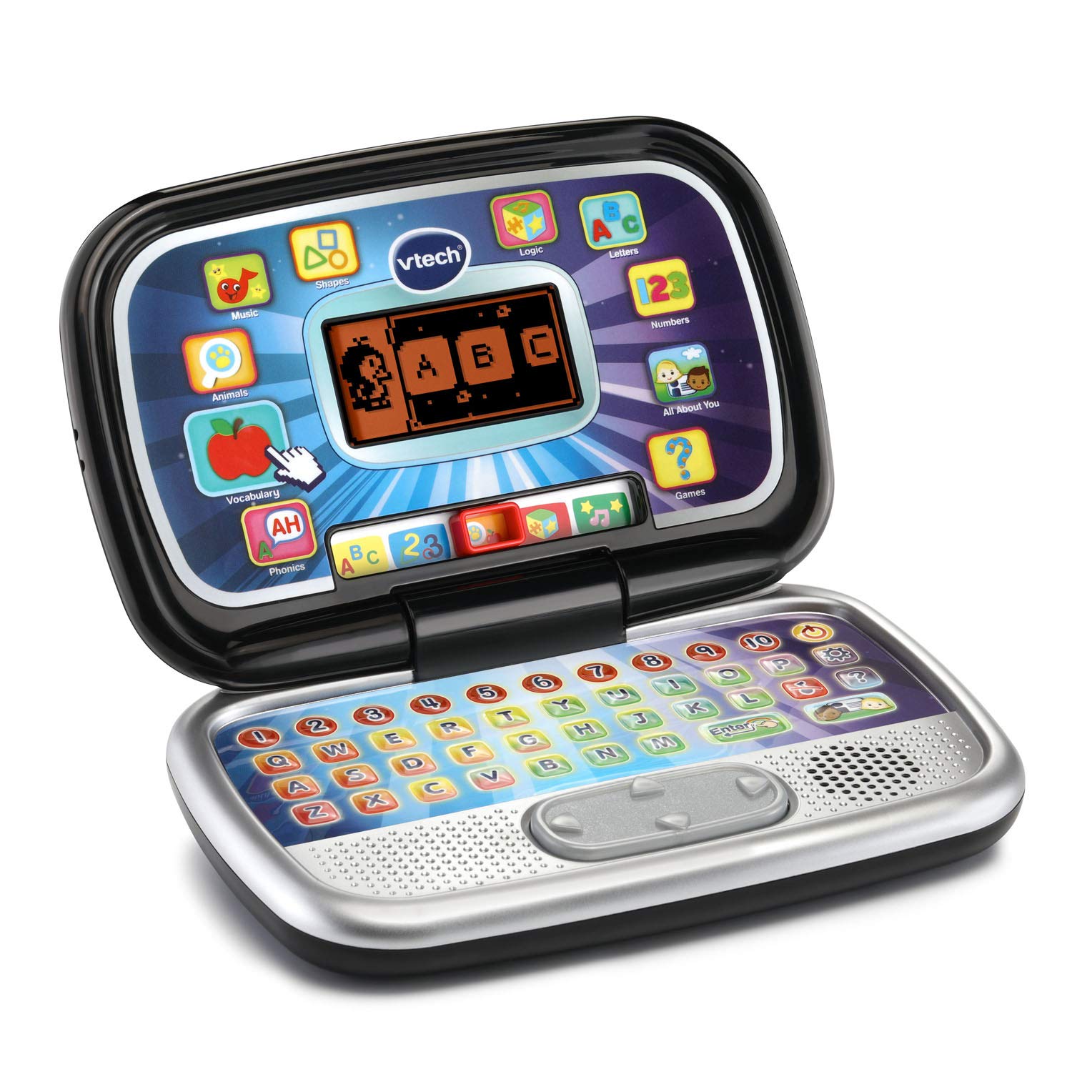 VTech Play Smart keyboard close-up shows 26-letter layout and 10-number keys