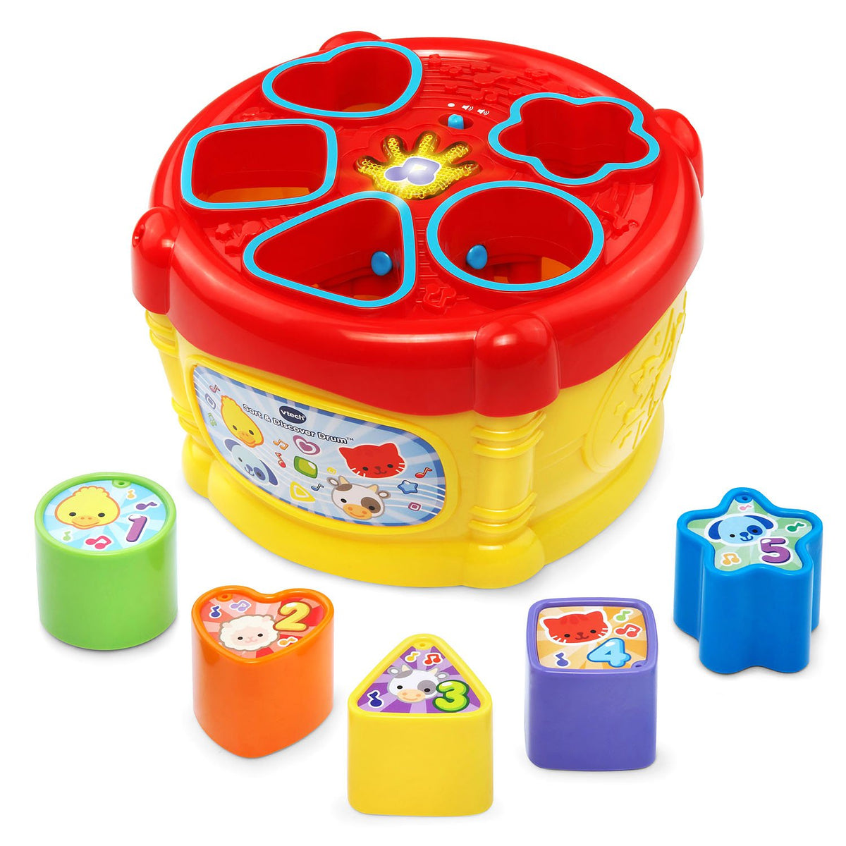 VTech Sort and Discover Drum yellow front view with block sorting and learning cues