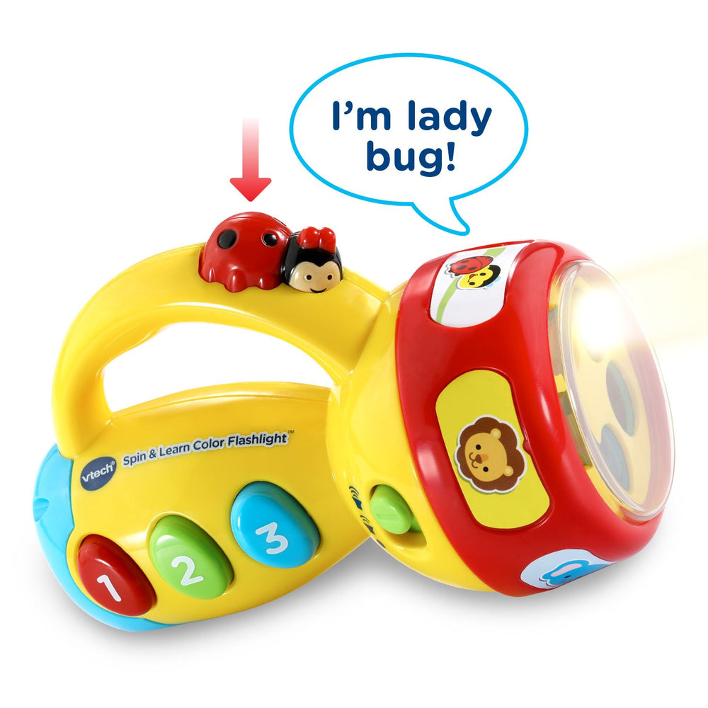 VTech Spin and Learn Color Flashlight ladybug button triggers phrases and numbers.