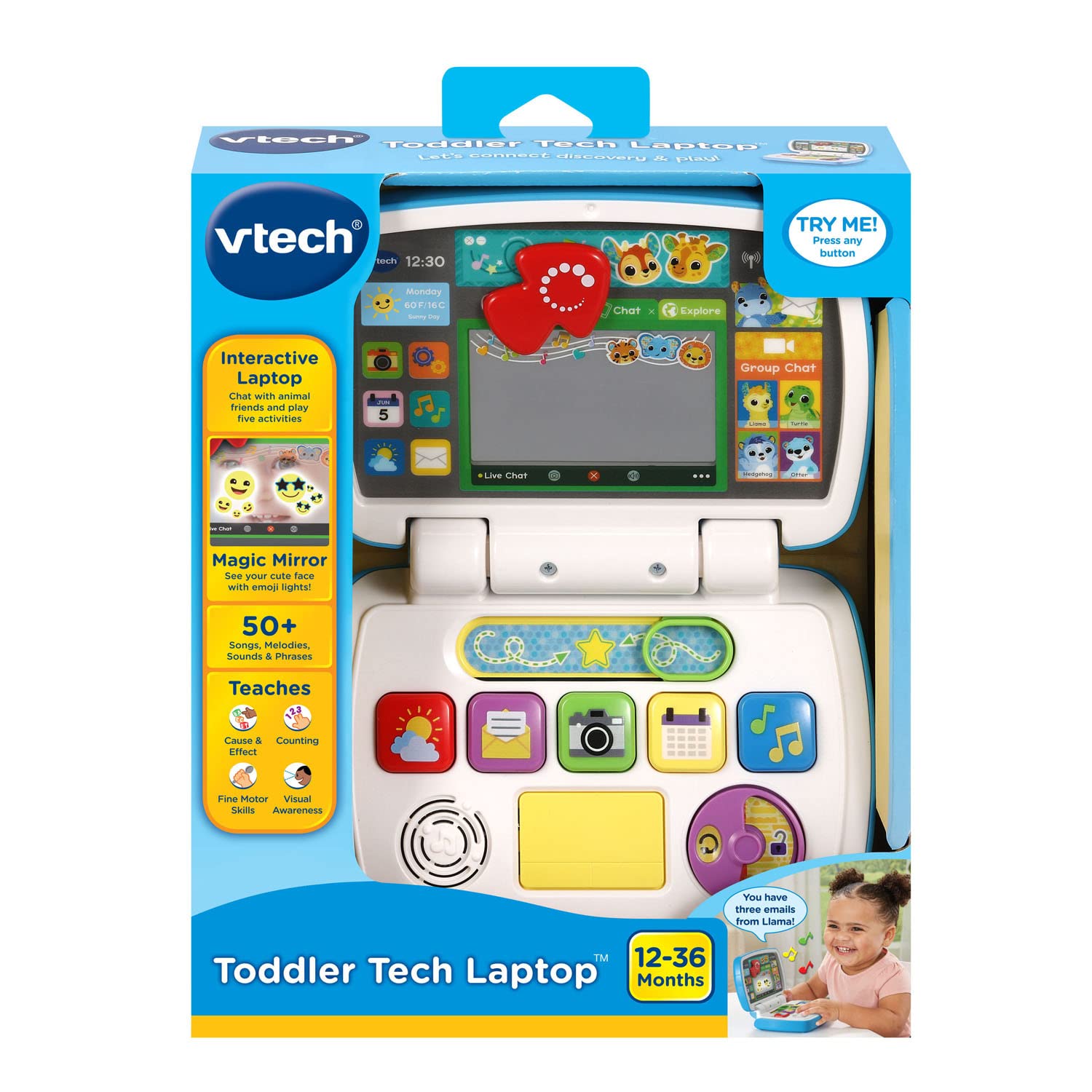 VTech Toddler Tech Laptop calendar app button supports early scheduling concepts.