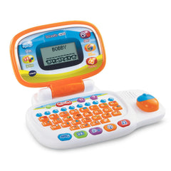 Attached mouse on the orange VTech laptop aids basic navigation skills.