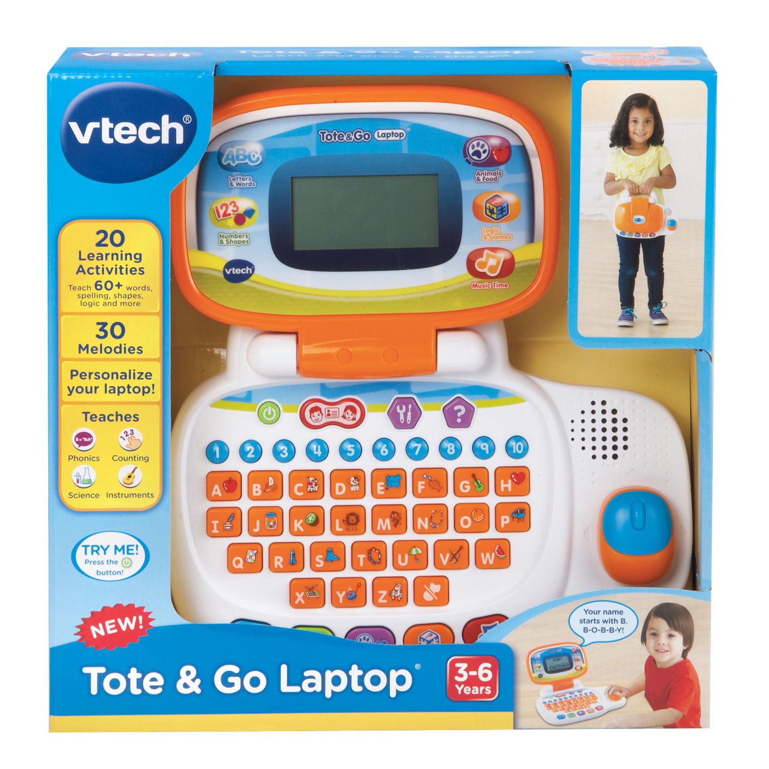 Melodies playback on the orange VTech laptop offers musical exploration.