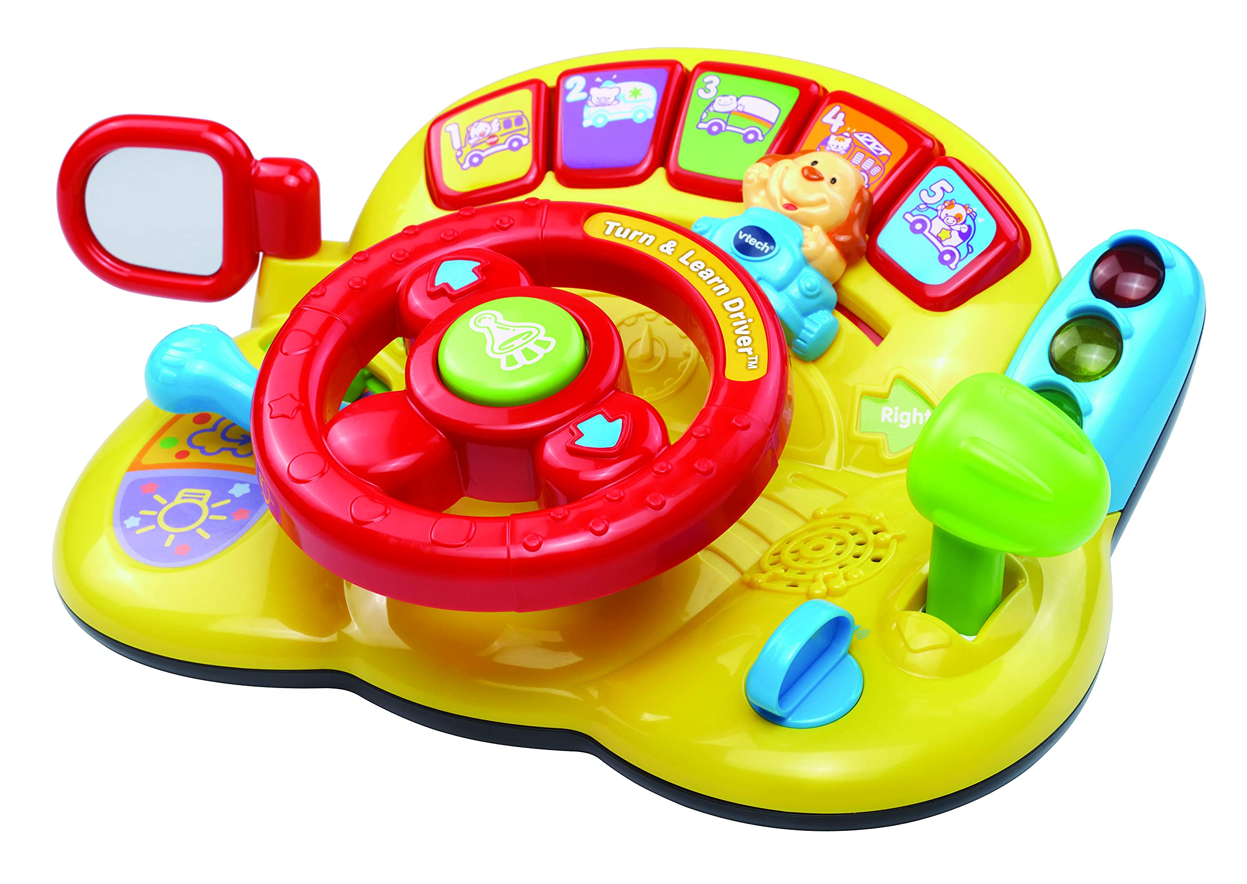 VTech Turn and Learn Driver yellow horn triggers road-safety sounds and engaging melodies