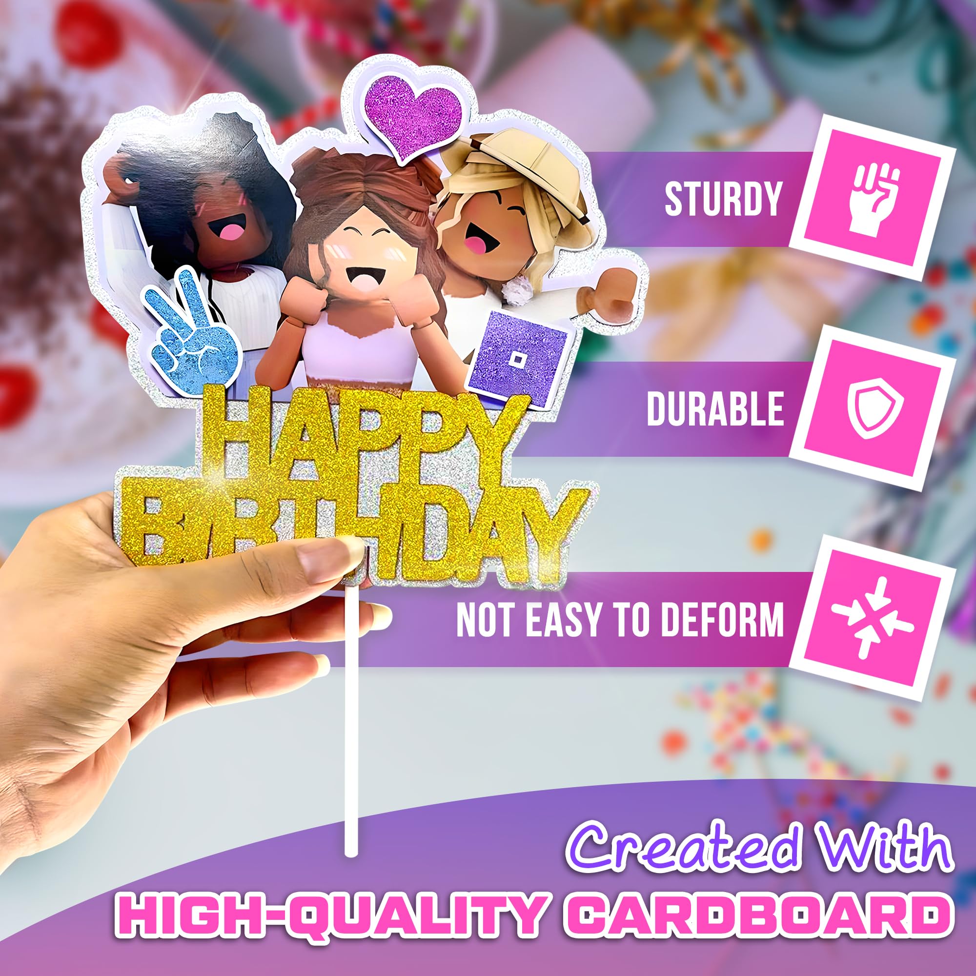 V TOWER Gaming-themed Topper sparkles on cake for playful celebrations.