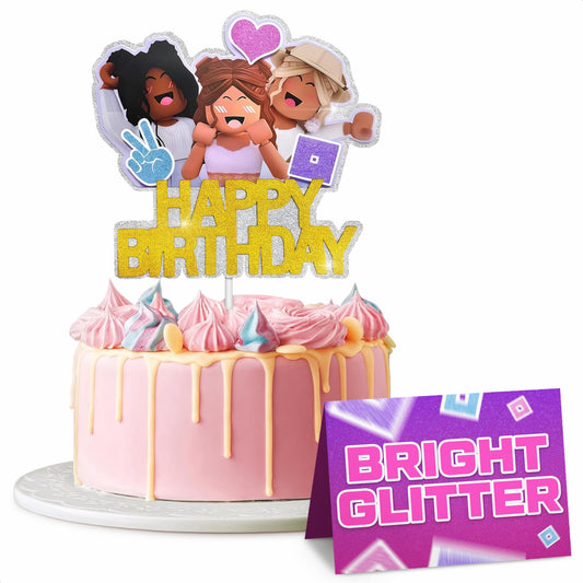 V TOWER Happy Birthday Topper with glitter cardboard enhances cake sparkle for celebrations.