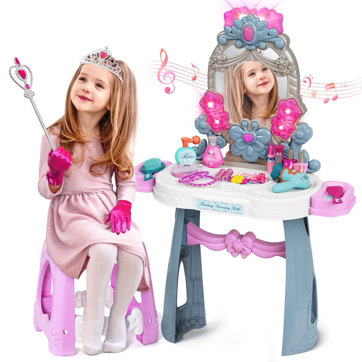 VViN Kids Vanity Set princess table with crown and lights for imaginative play.
