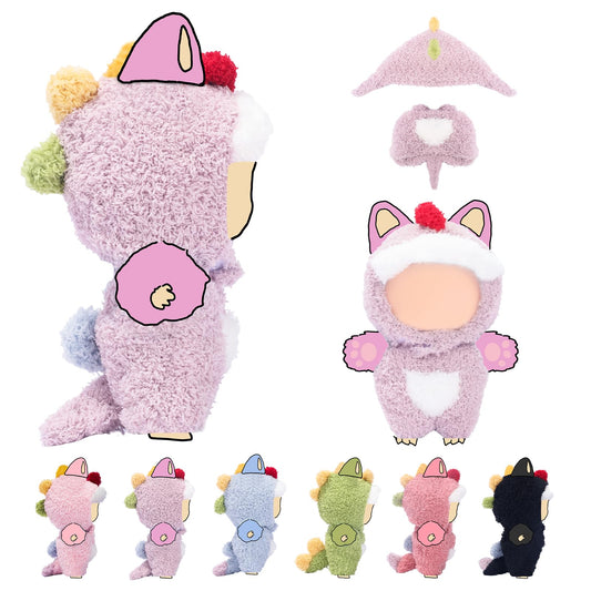 VVQUI lavender dino jumpsuit for 17cm dolls with snug fit.