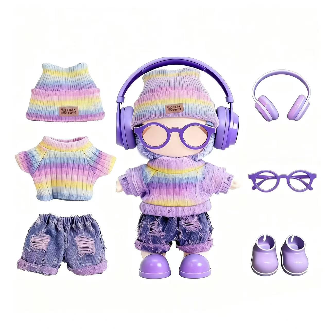 VVQUI 17cm doll clothes rainbow set showing hat and sweaters for stylish playtime