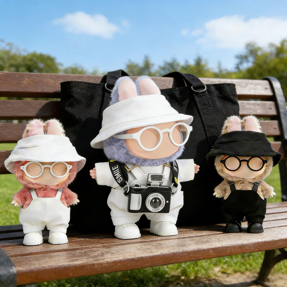 VVQUI 17cm doll shoes, glasses, and camera set for pretend photography.