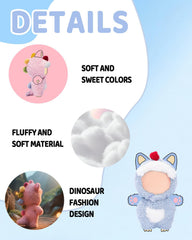 VVQUI lavender dino costume for dolls enhances display and imaginative play.