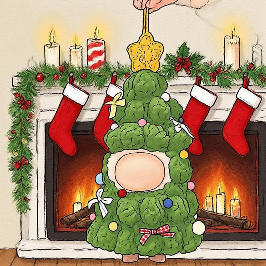 VVQUI Christmas-tree figure outfit for 17cm dolls in soft green fabric.