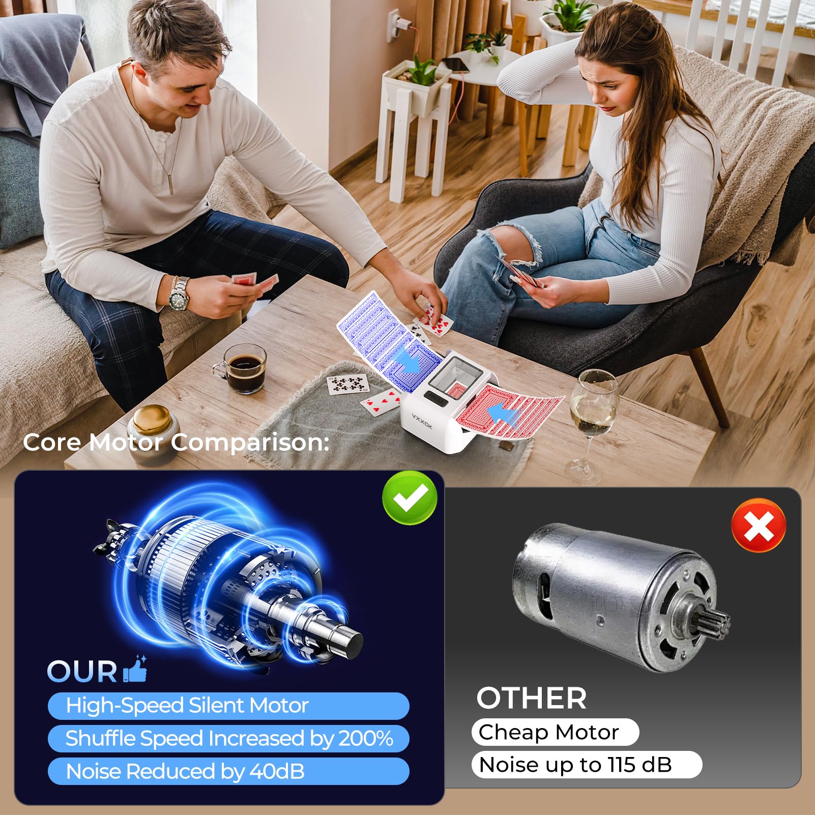 VXXCK shuffler dual motors provide fast, jam-free shuffling