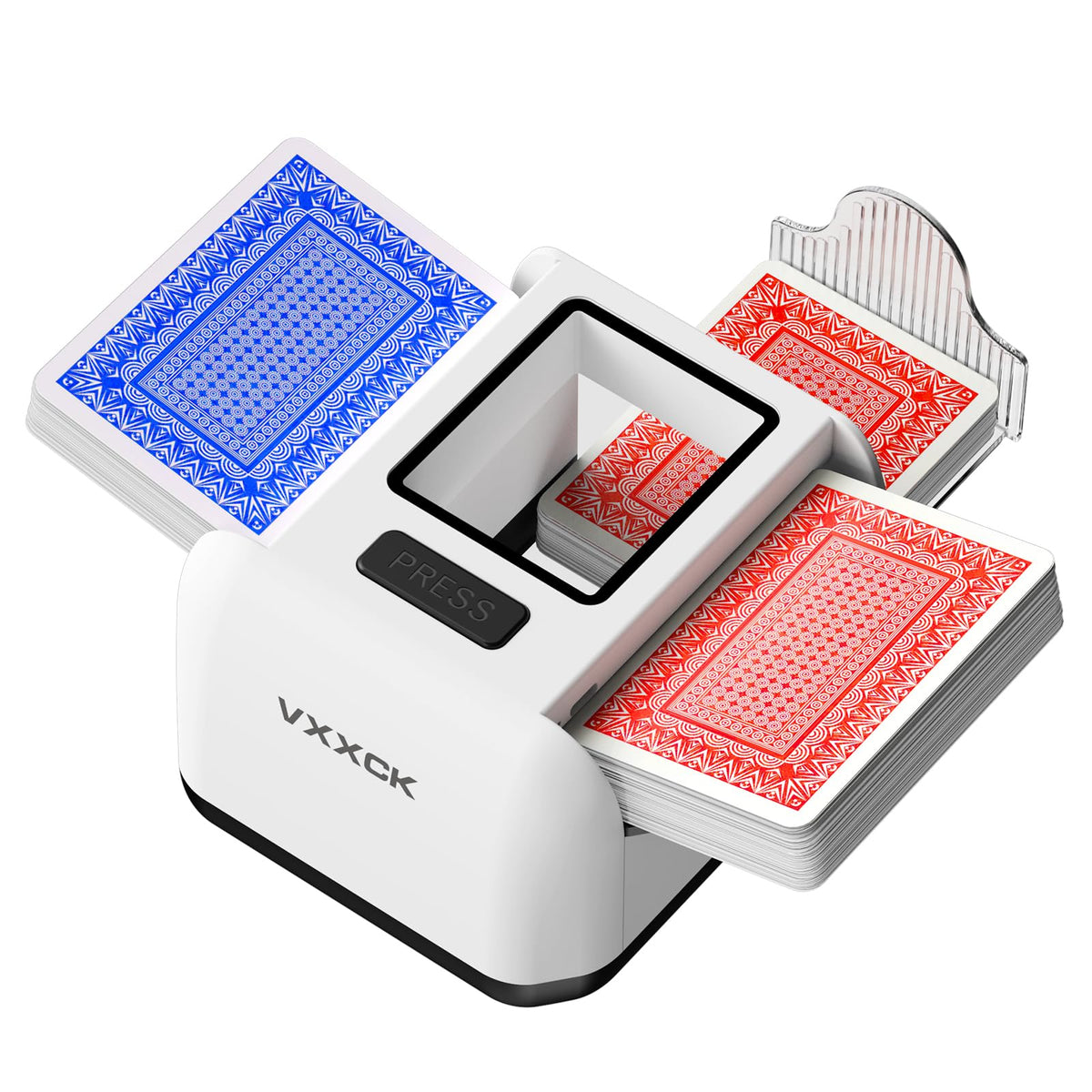VXXCK automatic card shuffler front view with compact design for quick shuffles