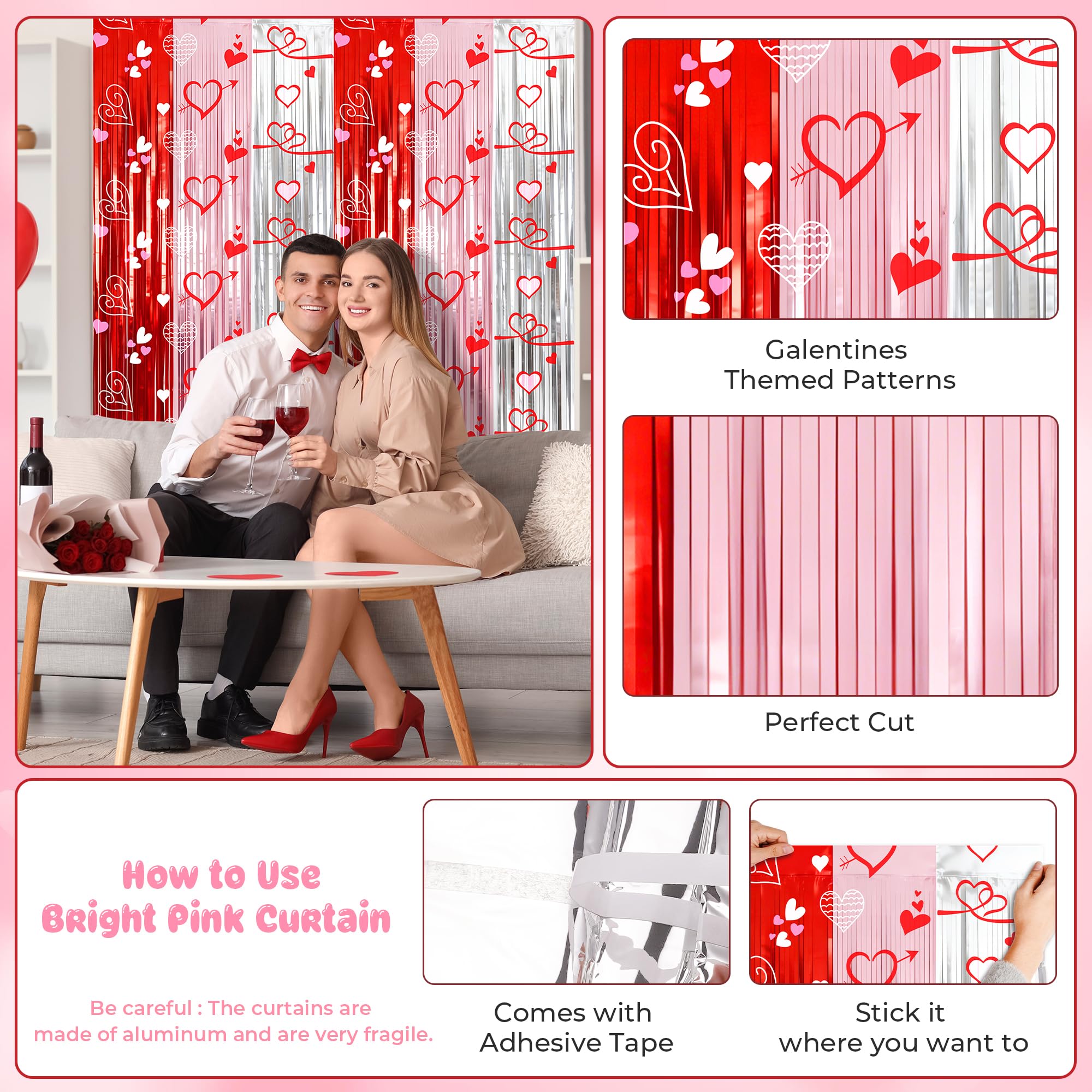 Vynium heart pattern foil fringe curtains add romantic drama to photos