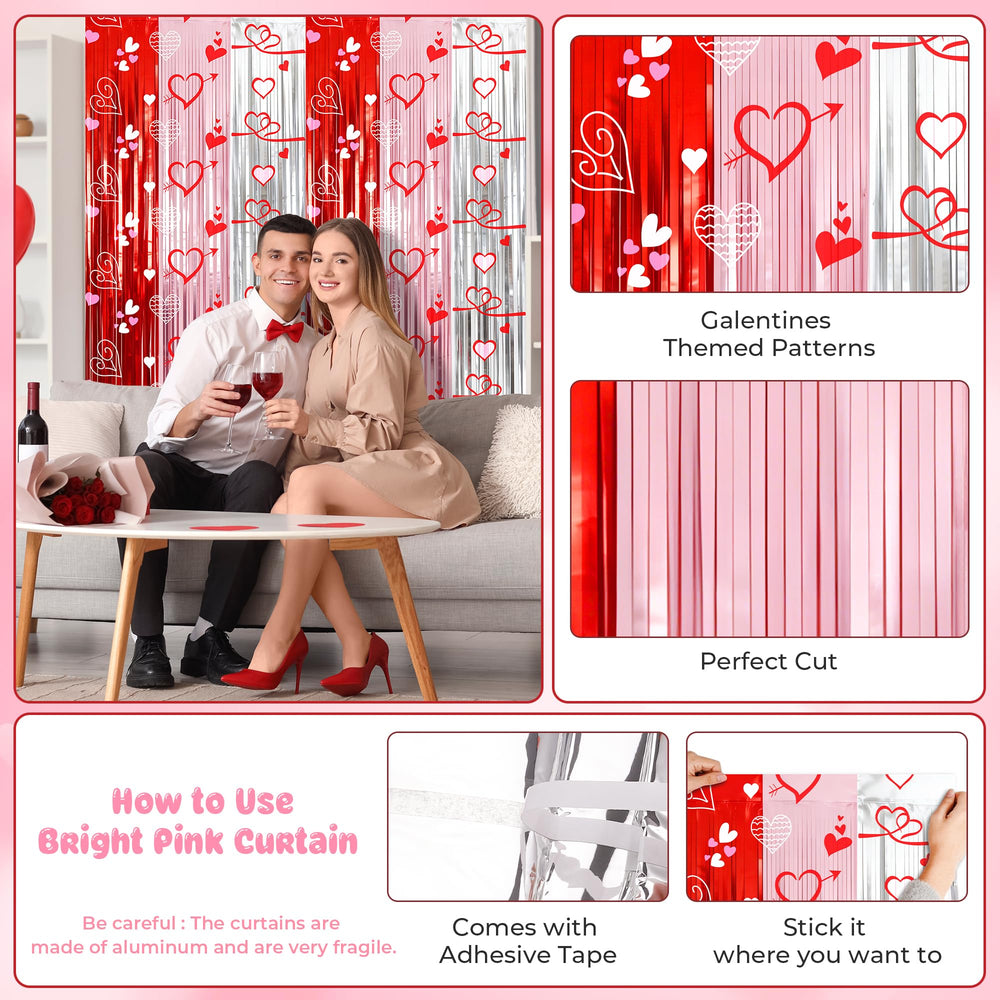 Vynium heart pattern foil fringe curtains add romantic drama to photos