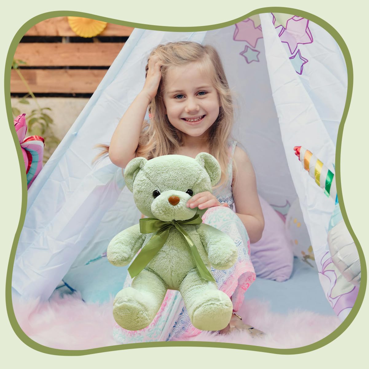 VYUSIT green teddy bear 13.5in easy care and drying guide.