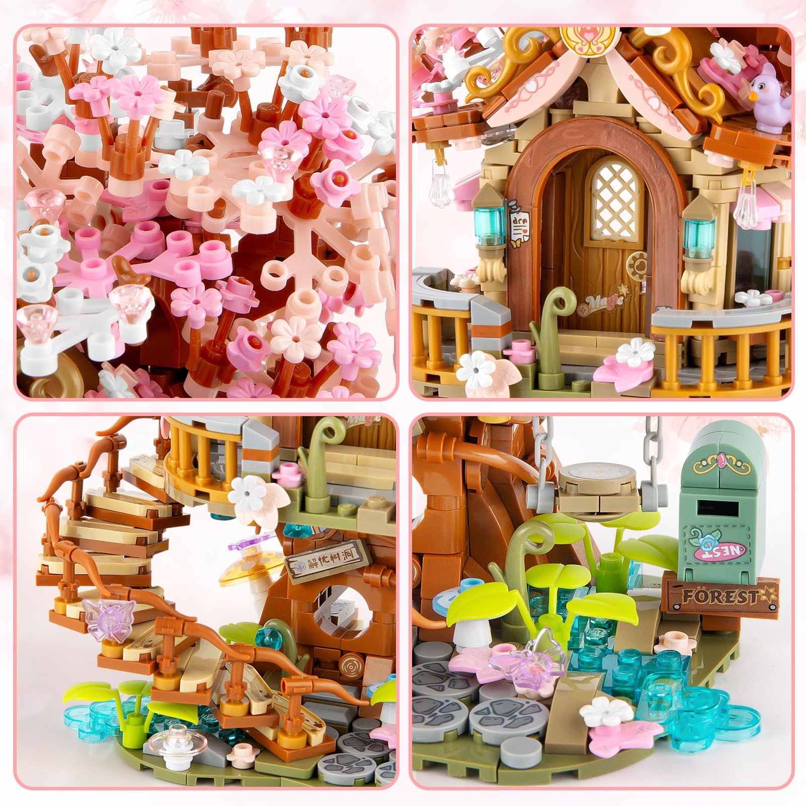 Vziimo Cherry Blossom Treehouse interior details capture the spiral staircase and pond charm