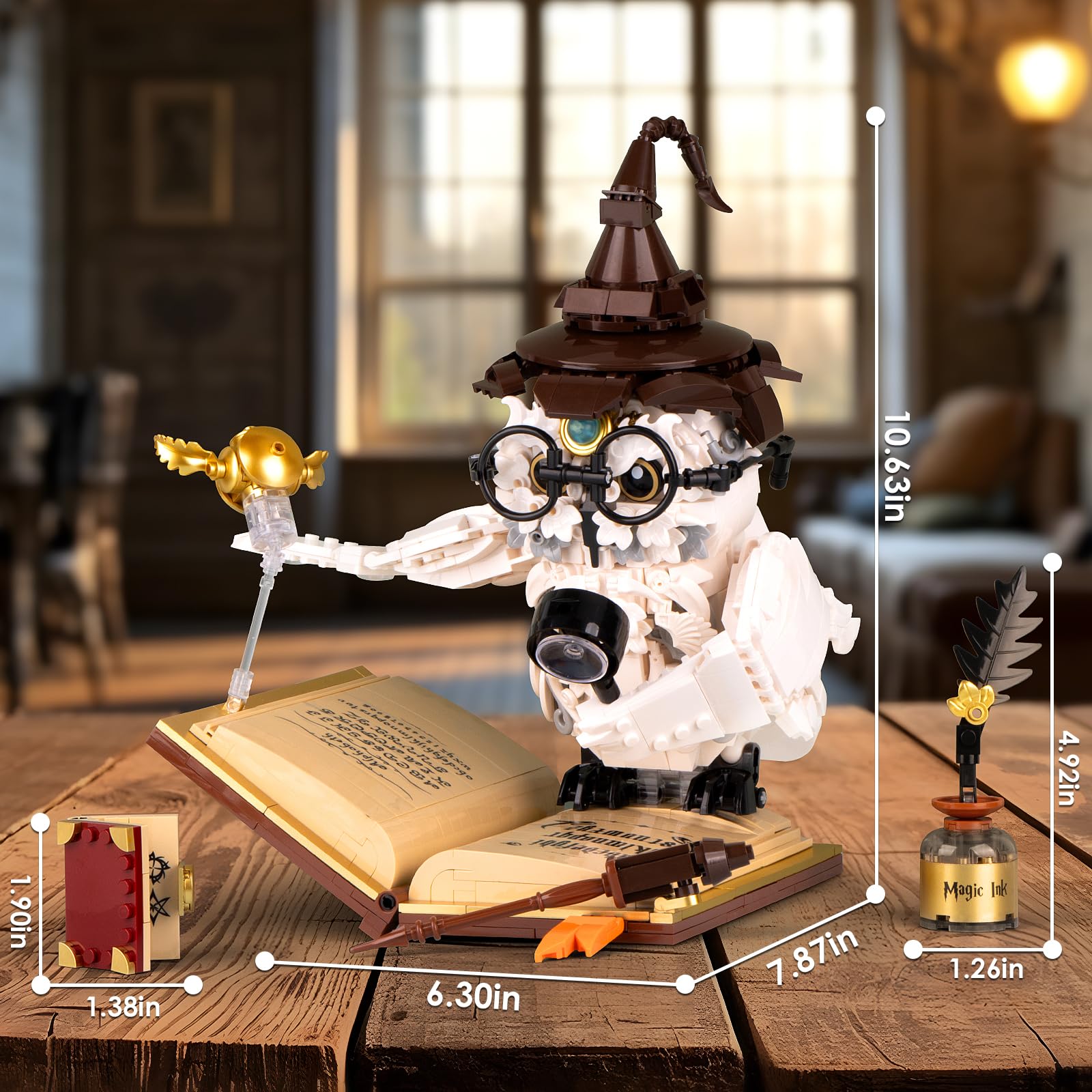 Vziimo Owl building set with movable wings for dynamic display and imagination.