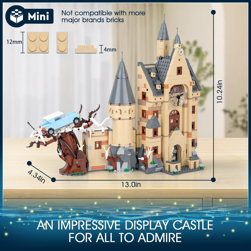 Vziimo Magic Clock Tower Building Set flying-toy-car close-up shows the scene's motion.