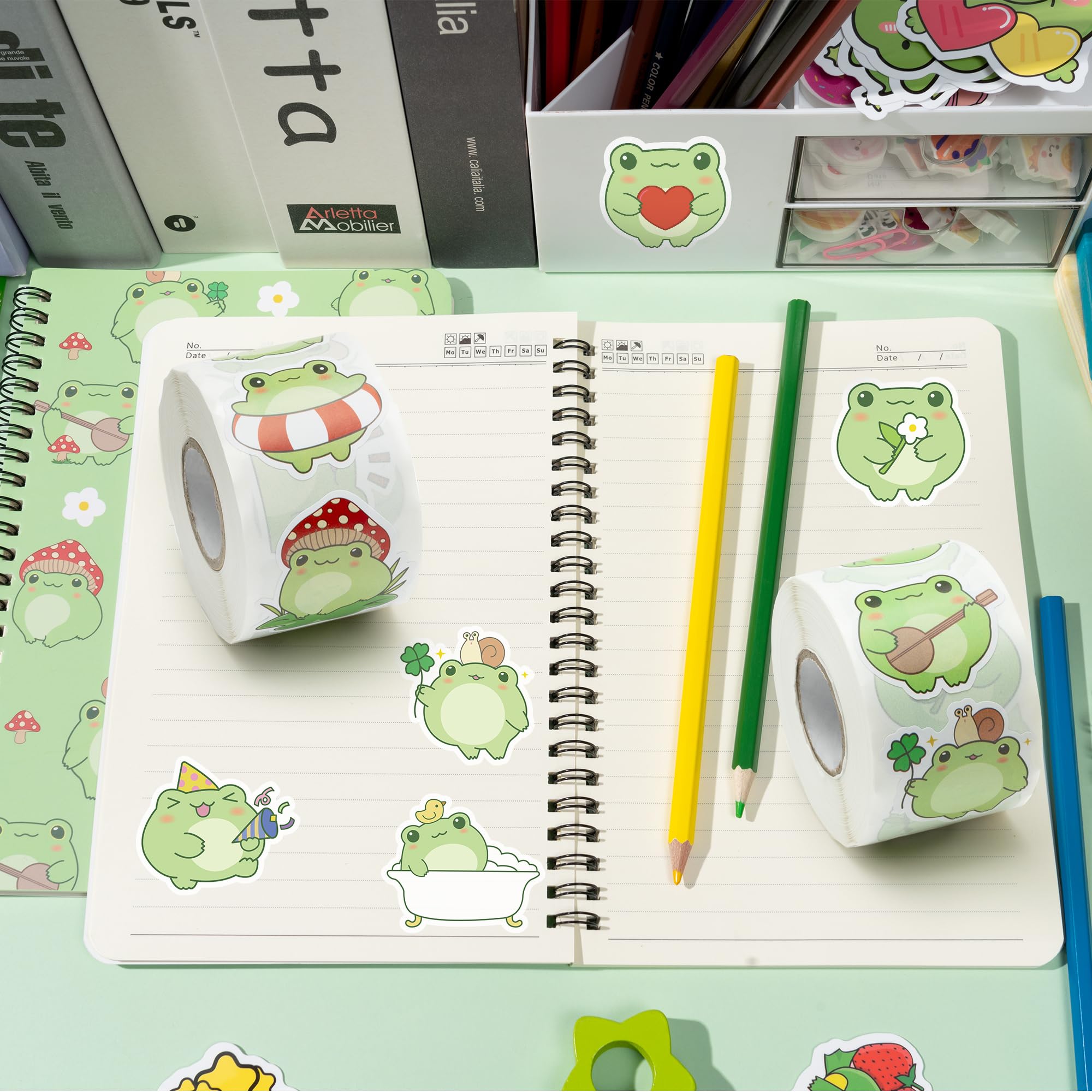 W1cwey frog sticker roll brightens notebooks and whiteboards with cheerful patterns.