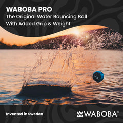 Waboba Pro ball skipping on water, demonstrating distance and buoyancy.