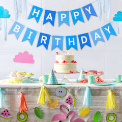 Waenerec Blue Happy Birthday Banner assembly detail showing easy threading and self-assembly