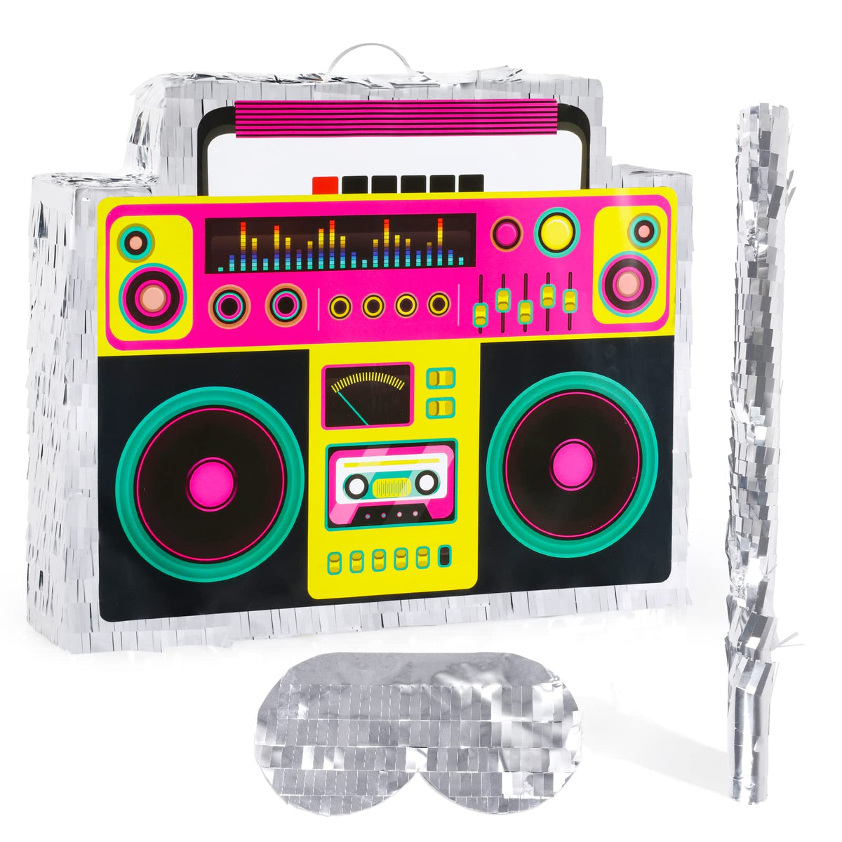 Waenerec boombox pinata hanging view enhances retro party décor.