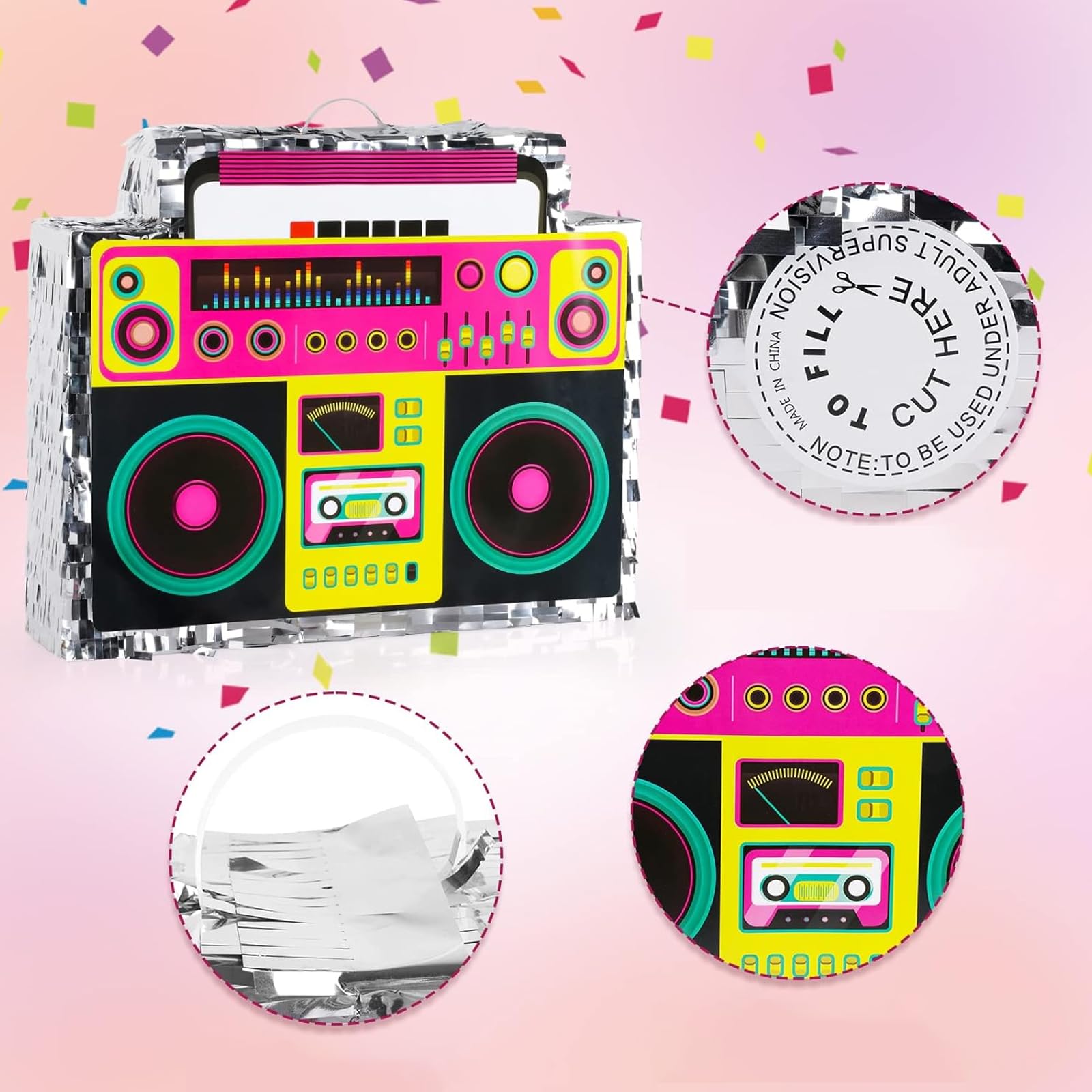 Large retro radio-shaped decoration ready to hang from trees or ceilings.