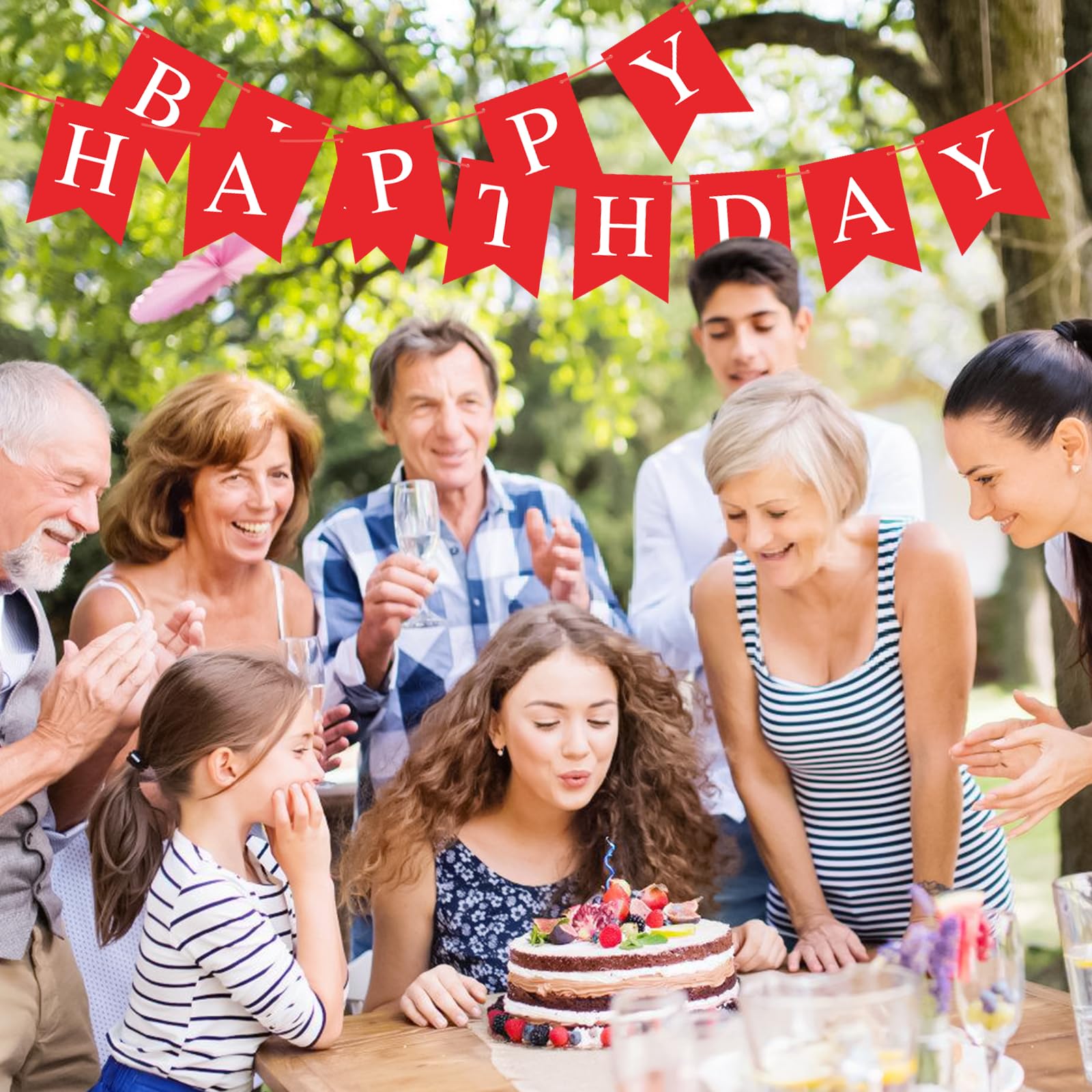 Waenerec Red Happy Birthday Banner outdoor party setup brightens garden celebrations.