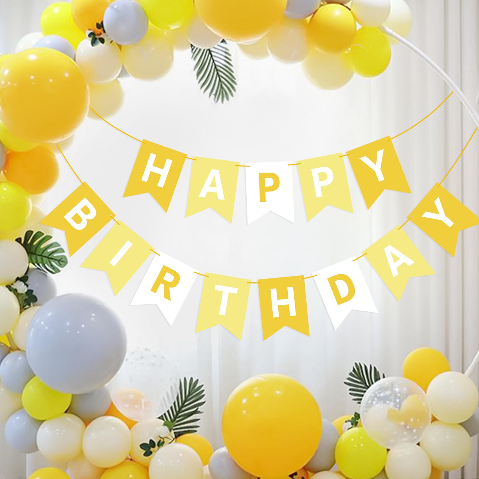 Waenerec yellow birthday banner assembly with ribbon enables adjustable spacing.