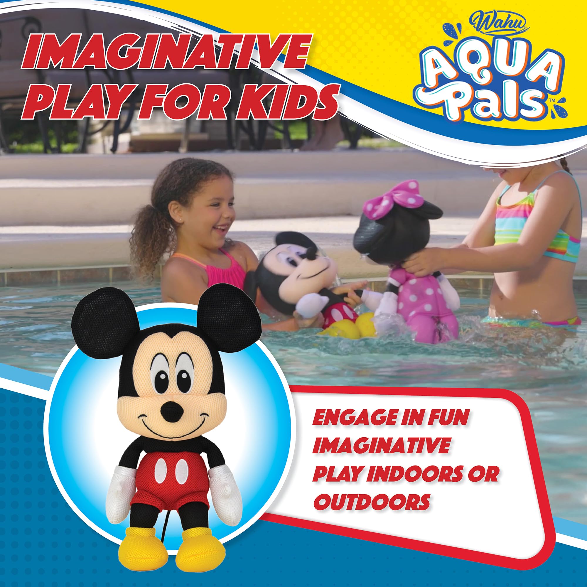 WAHU Aqua Pals Mickey Mouse plush measures 16 inches and floats in water.